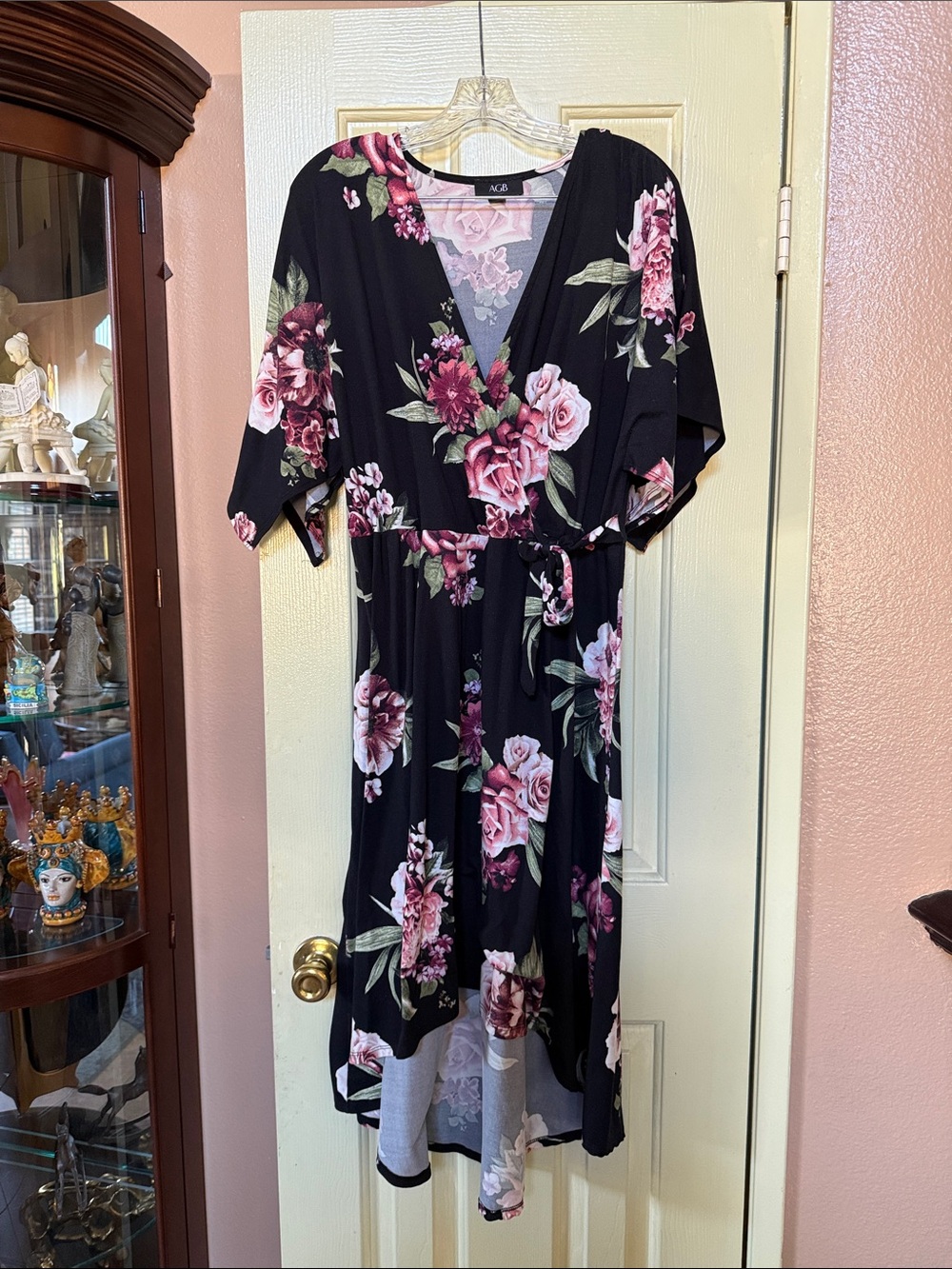 Black Floral Wrap Midi Dress - Pink Rose Print
